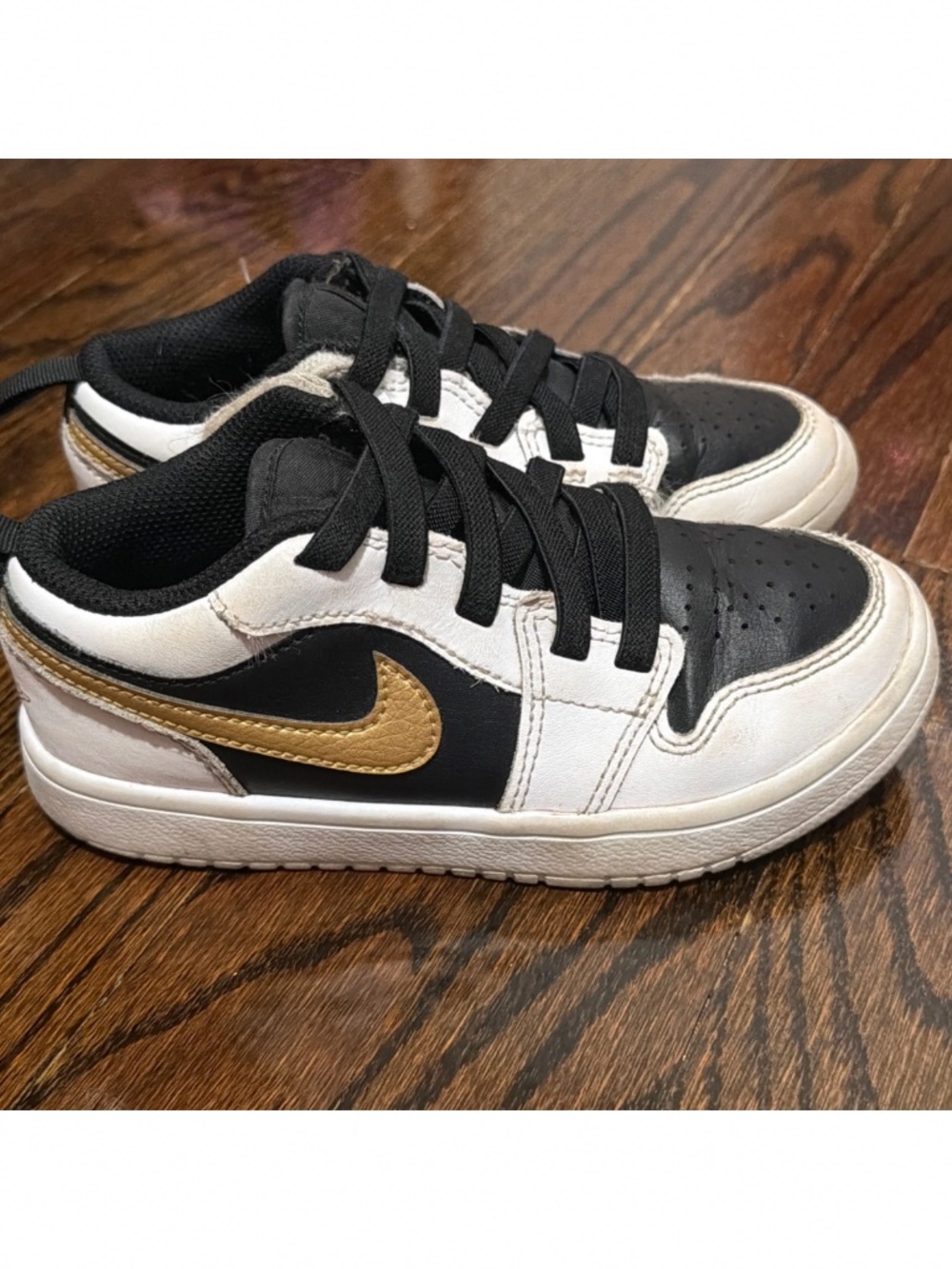 Nike Air Jordan 1 Low White Black And Gold Hook Loop Kids 13C Shoes
